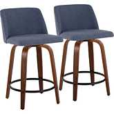 Toriano 24" Swivel Counter Stool in Walnut Wood & Blue Fabric with Black Footrest (Set of 2)